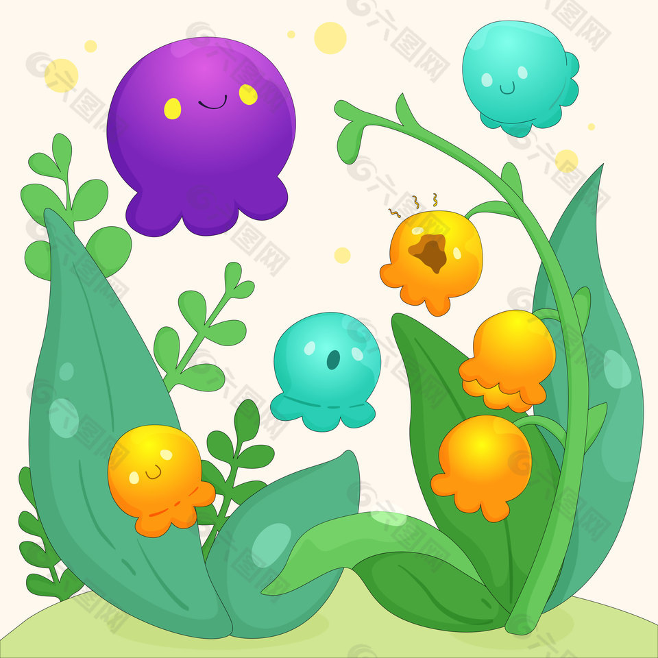 春天花园绿植小精灵可爱卡通插画