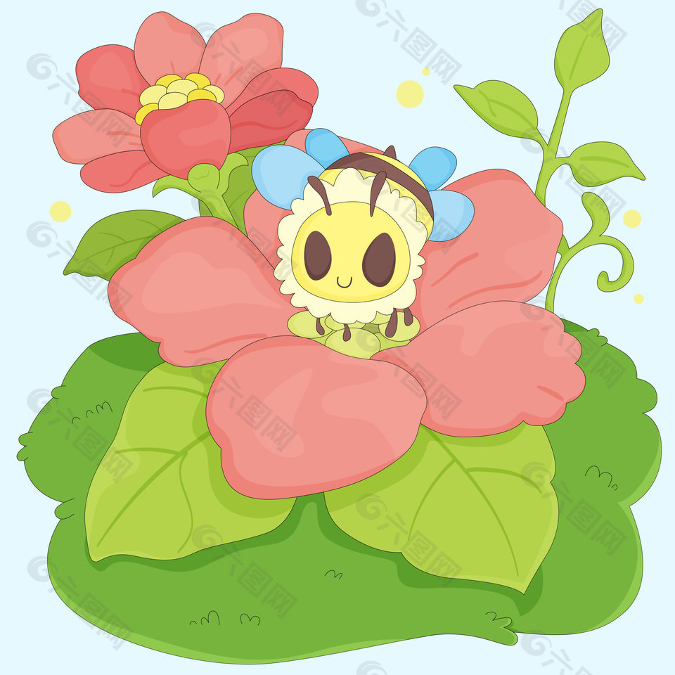 春天粉色花朵小蜜蜂采蜜可爱卡通插画
