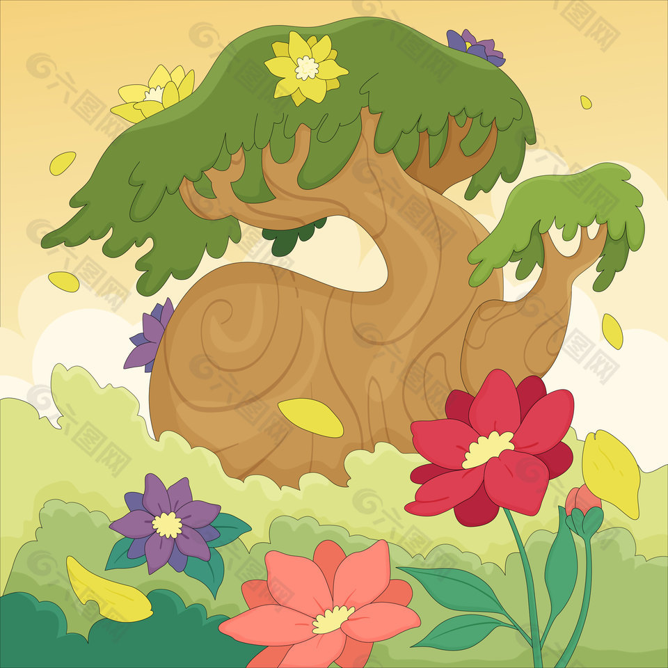 春天大树下花瓣飘落可爱卡通插画