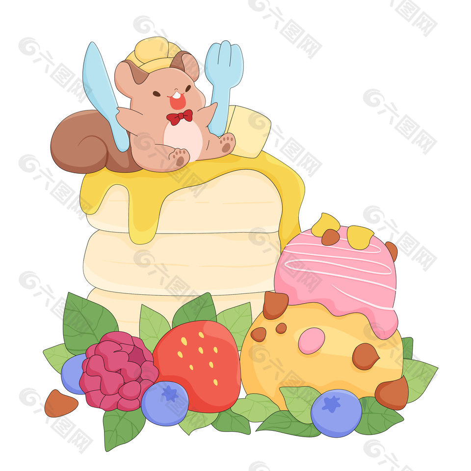 水果冰淇淋蛋糕松鼠美食卡通插画