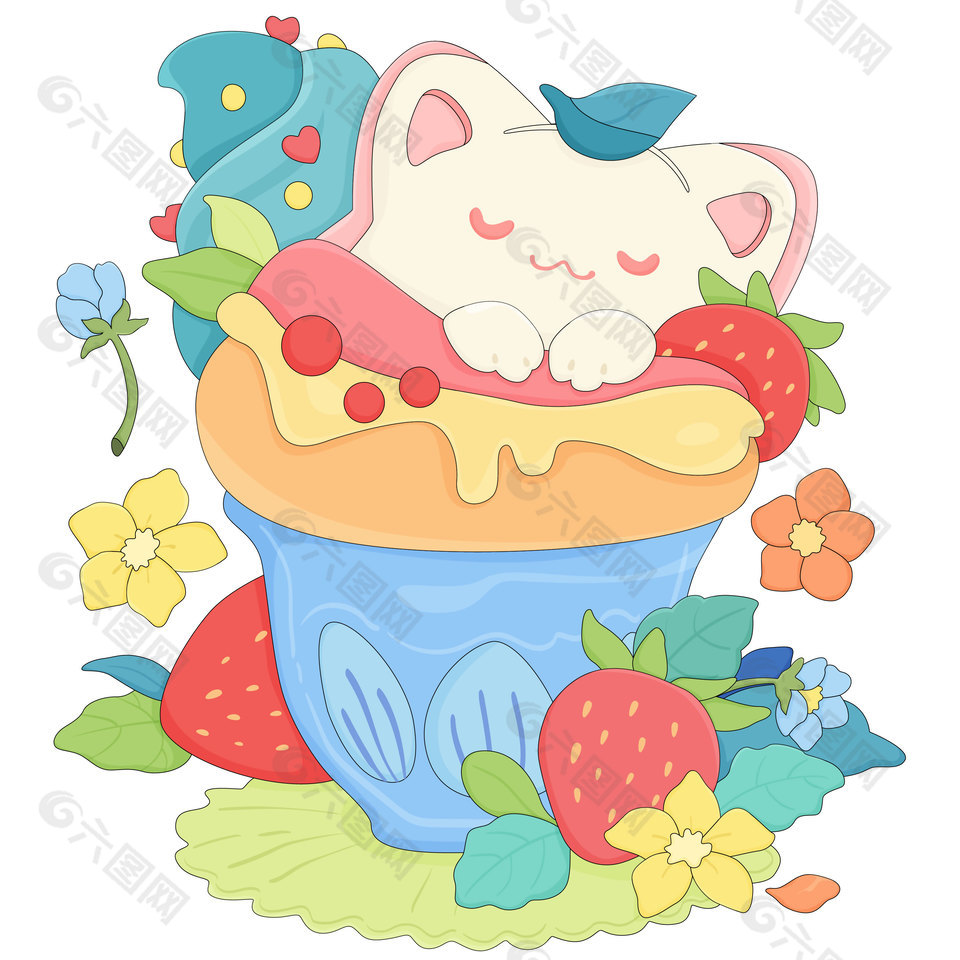 可爱猫咪草莓冰淇淋美食卡通插画