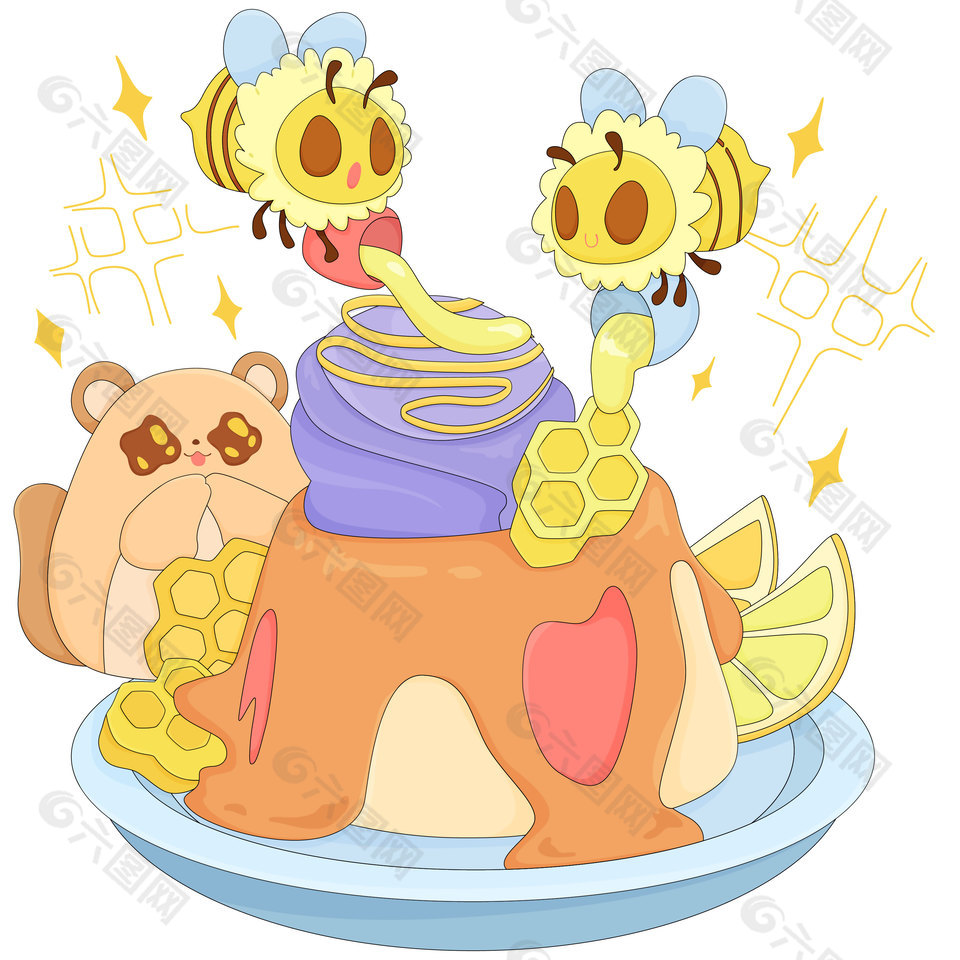 可爱小熊蜜蜂制作蛋糕美食卡通插画