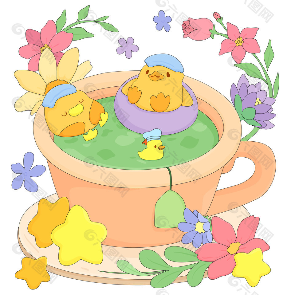 可爱小鸭子花园绿茶泡澡美食卡通插画