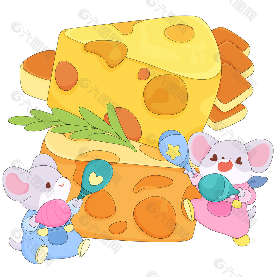 可爱背带裤小老鼠奶酪面包美食卡通插画