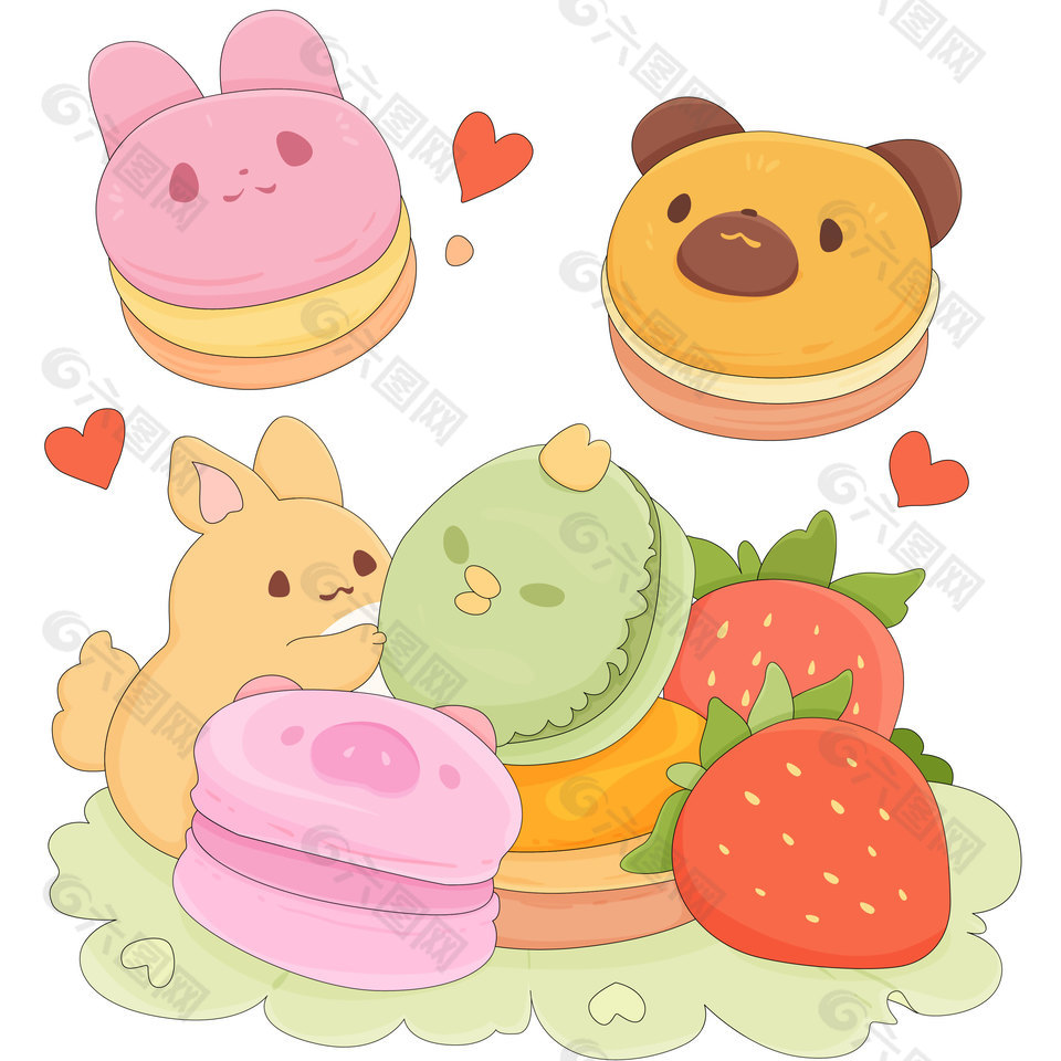 可爱兔子小熊马卡龙草莓蛋糕美食插画