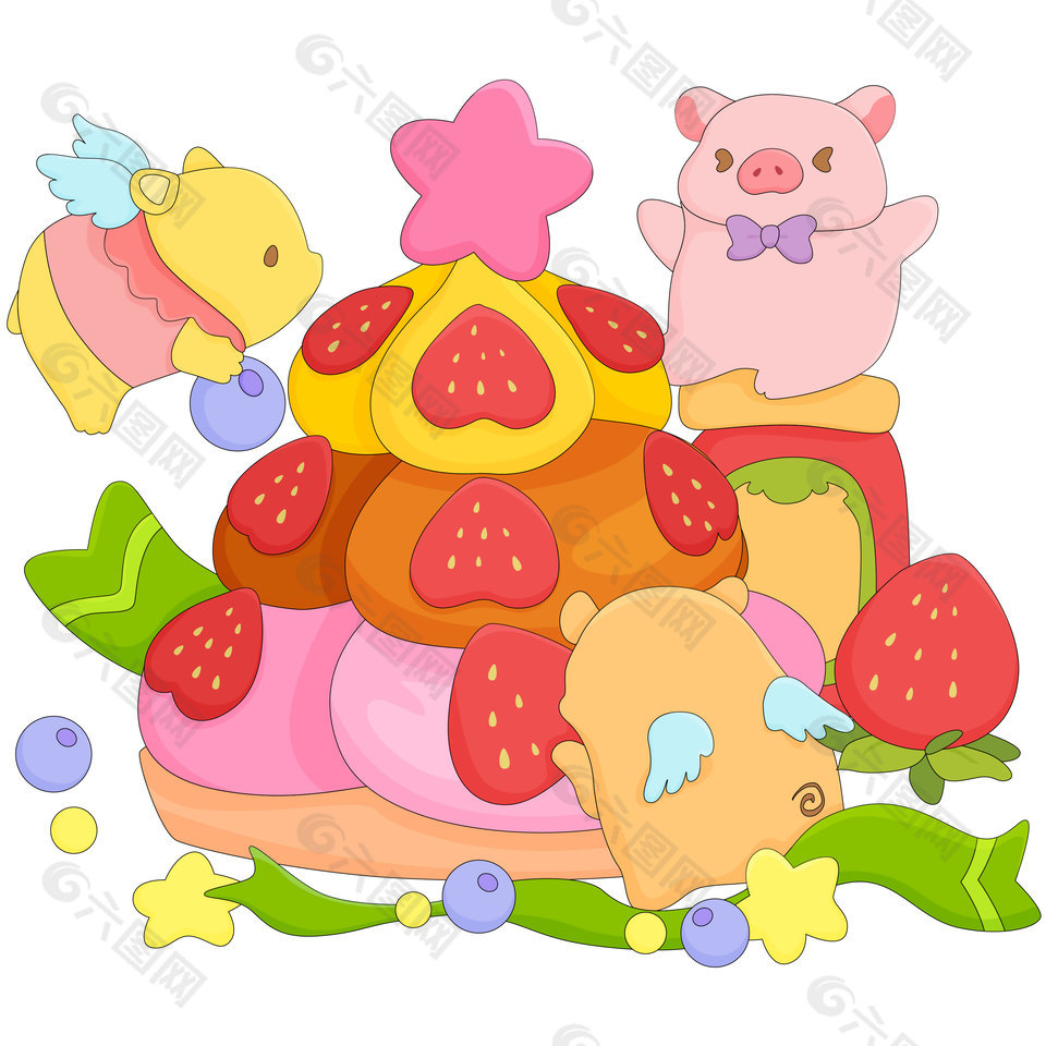 可爱小蜜蜂小熊草莓巧克力蛋糕美食插画