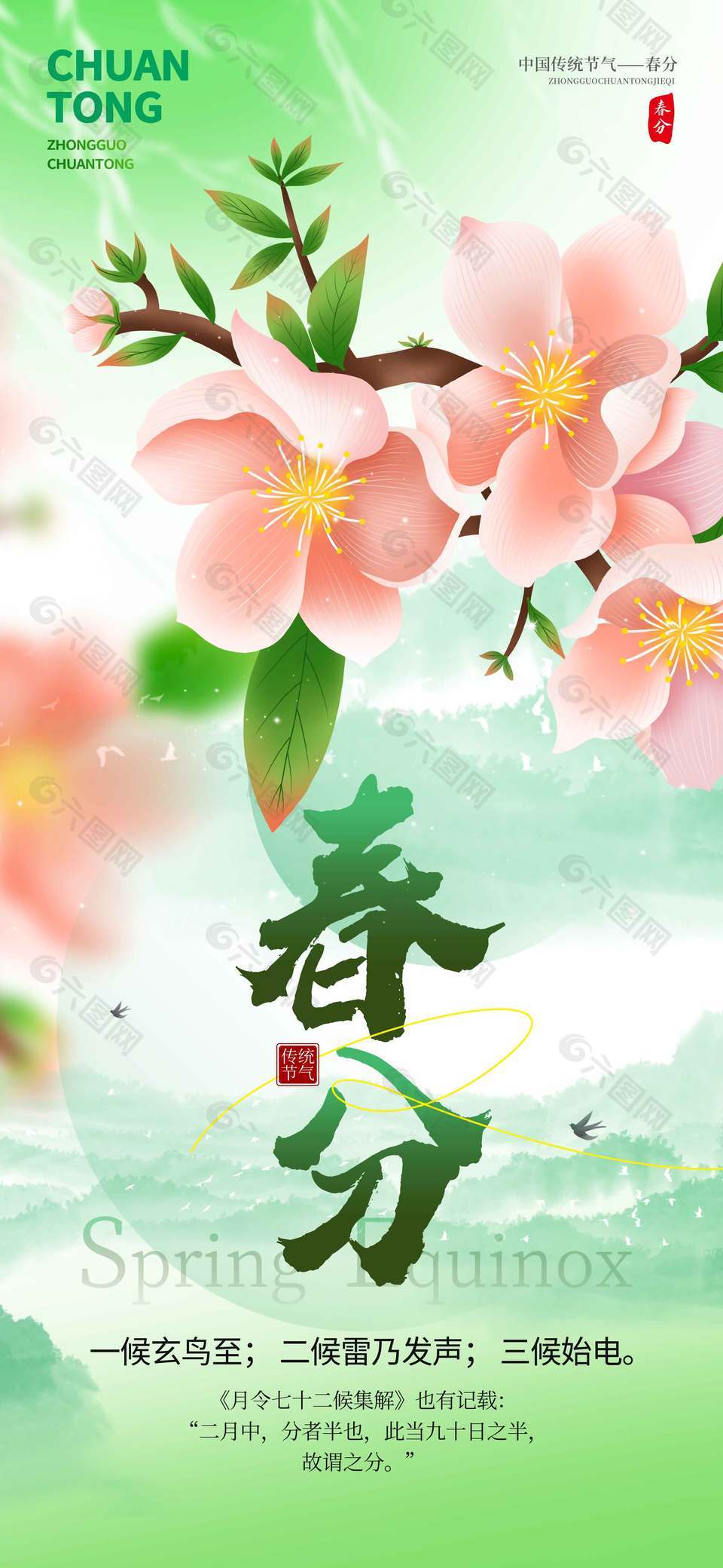 春分时节桃花盛开传统节气海报