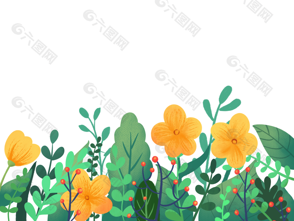 黄色花朵春天草丛可爱卡通插画