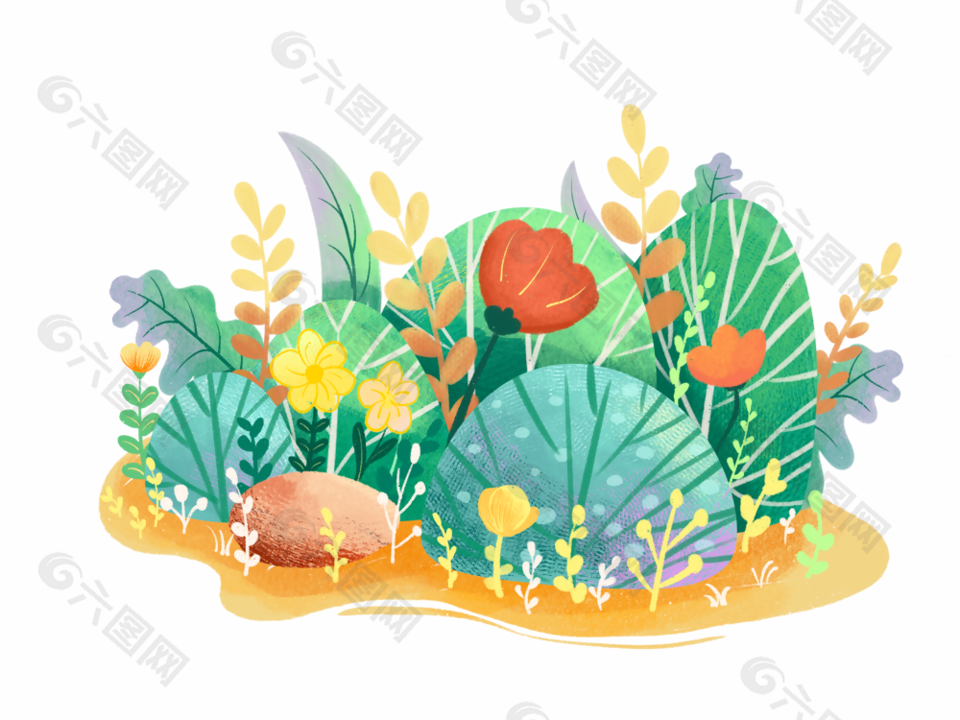 春色满园花朵盛开草丛卡通插画设计