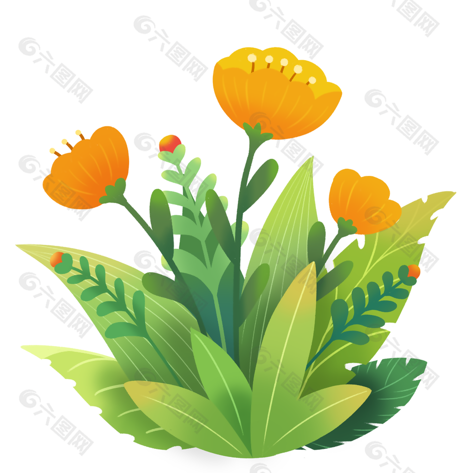 春天黄色花朵草丛卡通插画设计