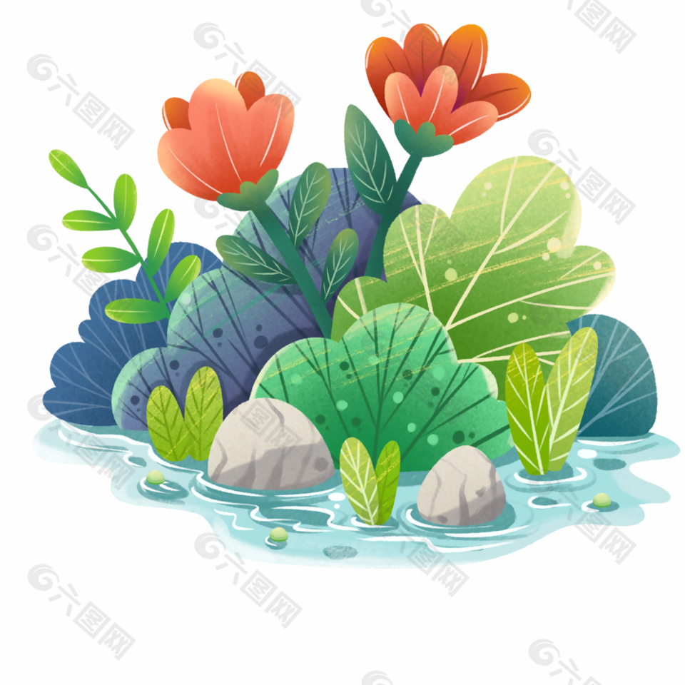 春天草丛小清新花朵插画设计