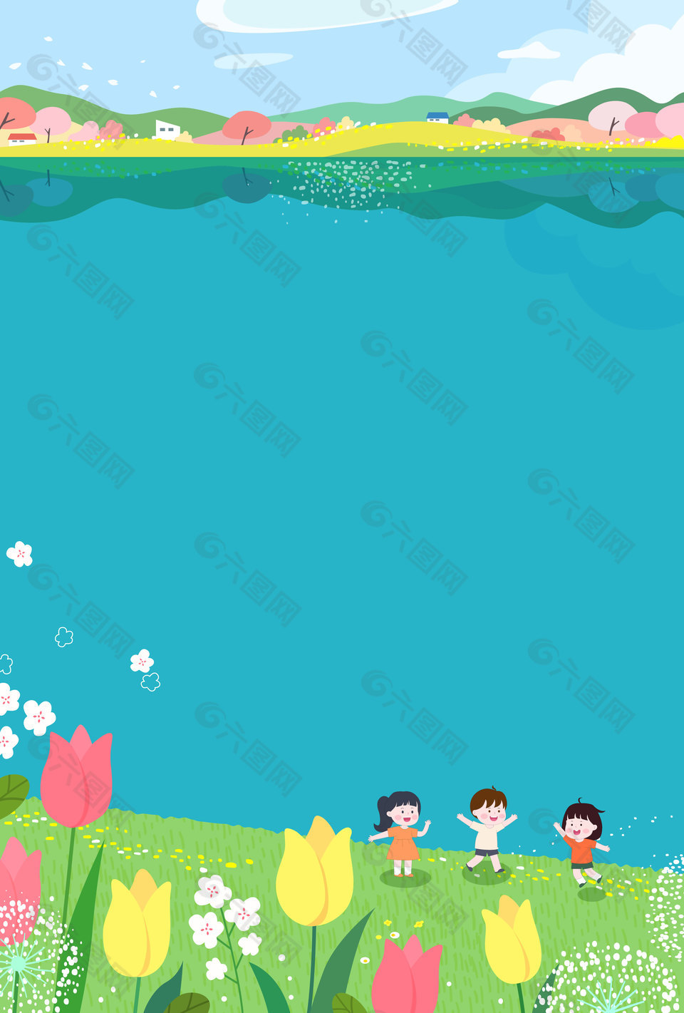 春天踏青郁金香户外春游儿童插画设计