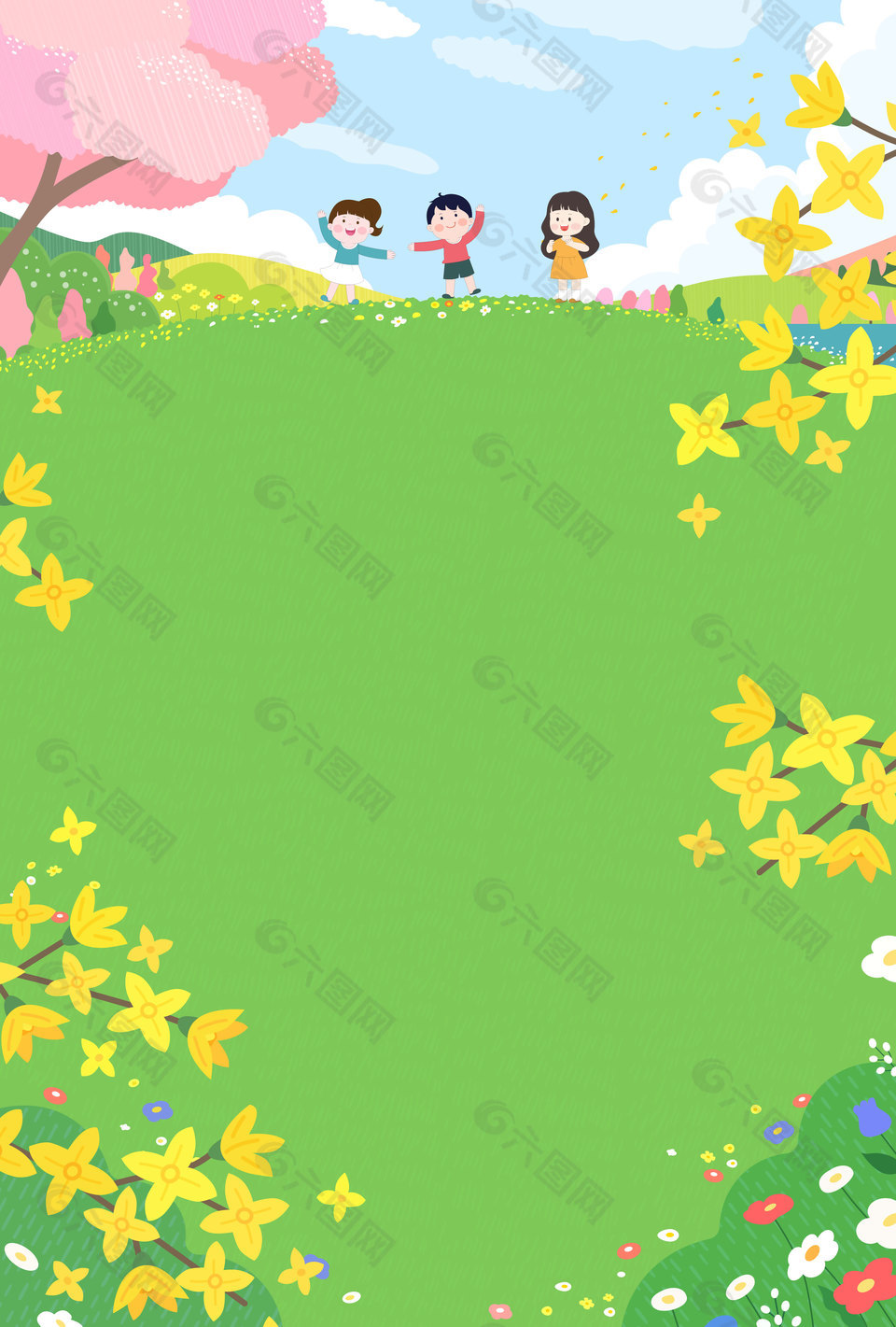 春天踏青樱花盛开春游儿童插画边框设计