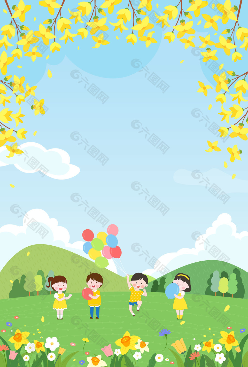 春天踏青儿童玩耍互动花朵植物边框设计