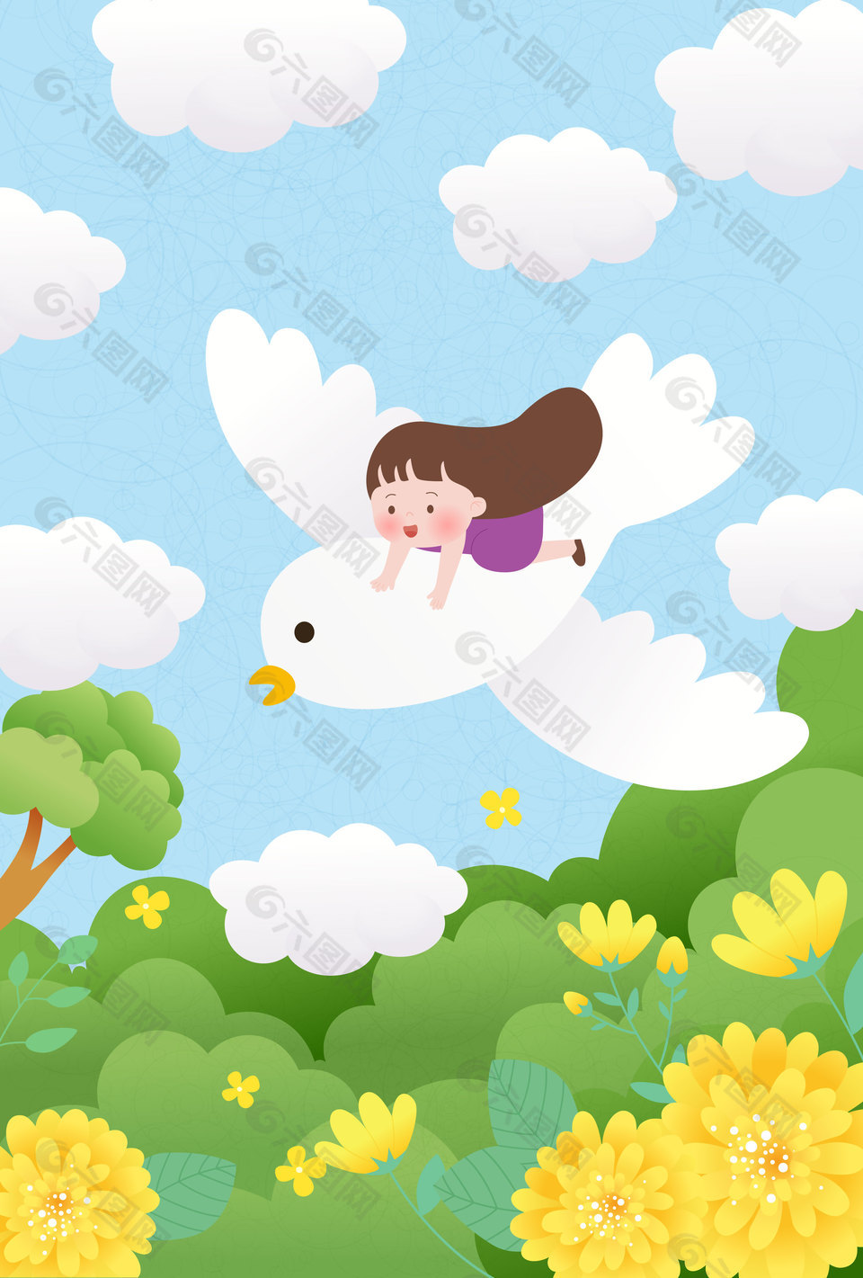 春天踏青小女孩骑白鸽可爱卡通插画设计