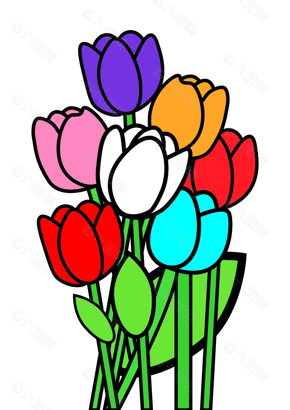 彩色郁金香花朵可爱卡通插画