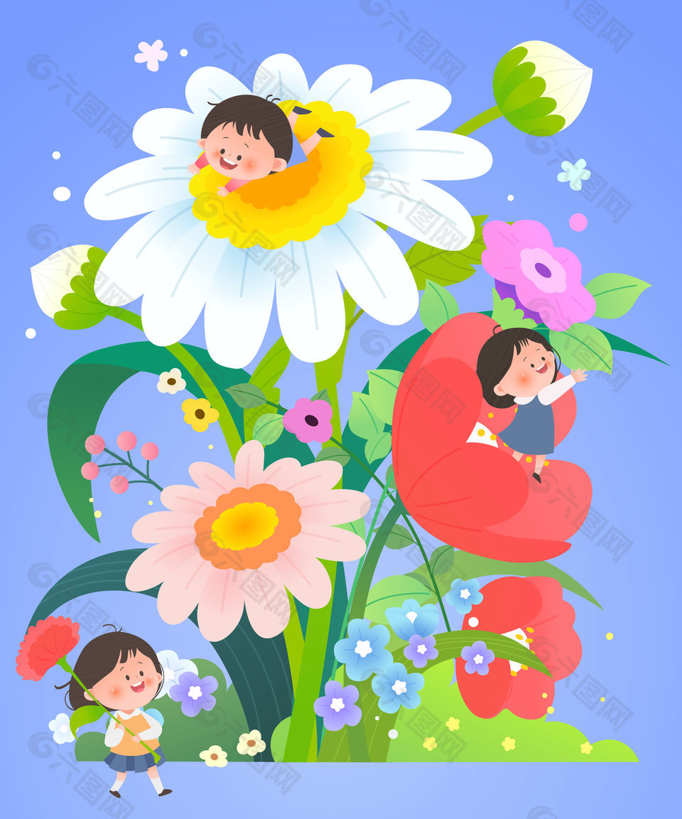 小朋友大自然观察花草树木儿童插画