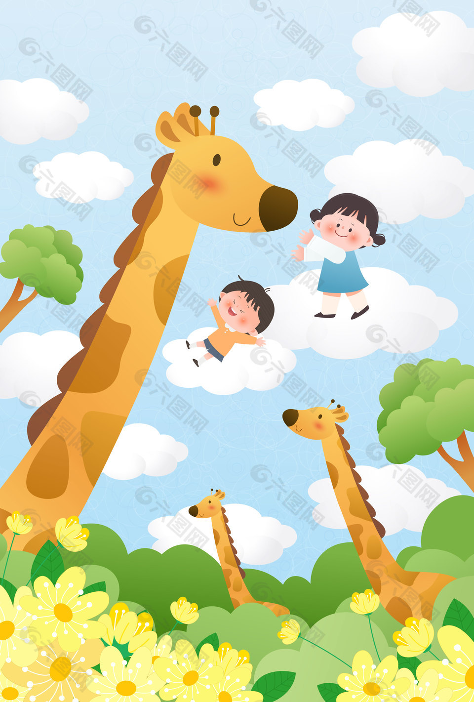 小朋友观察长颈鹿迎春花儿童教育插画