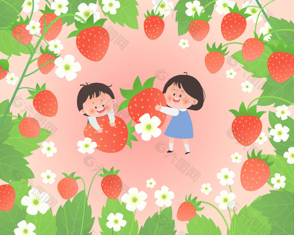 小朋友果园摘草莓儿童教育插画