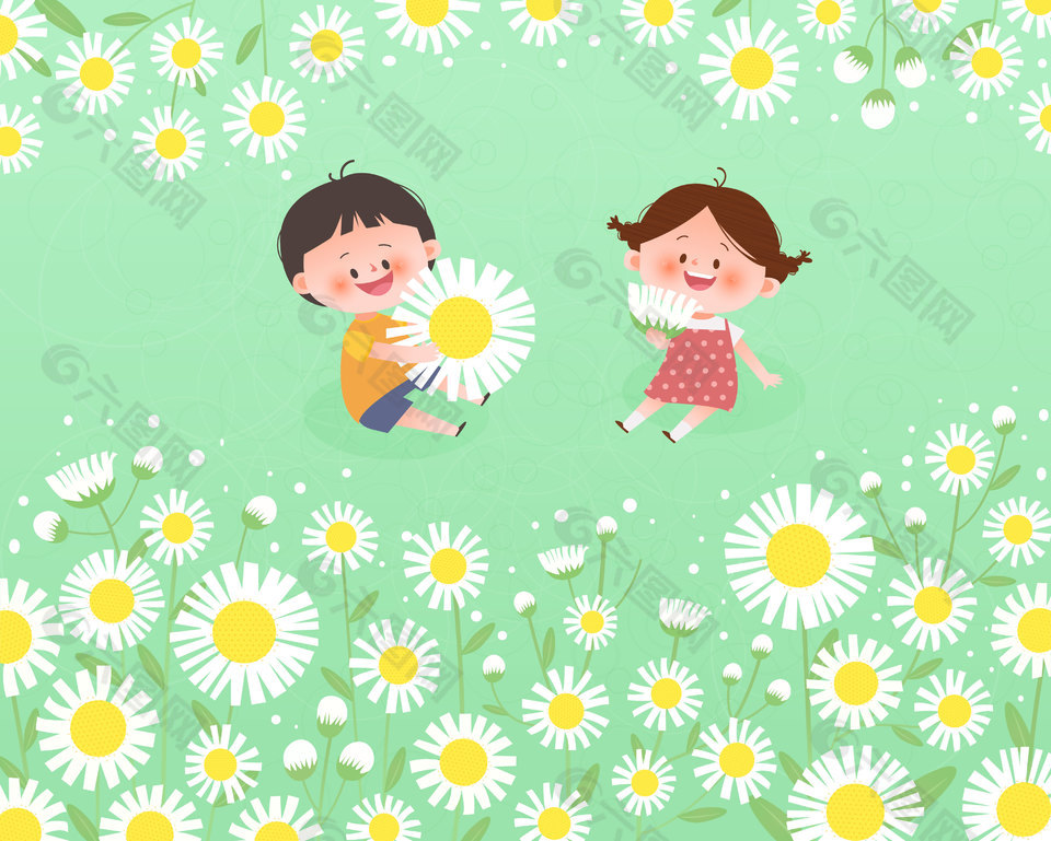 小朋友体验观察小雏菊大自然儿童教育插画