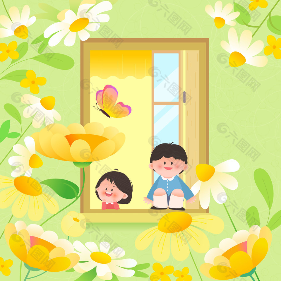 春天油菜花开小朋友观察自然教育插画