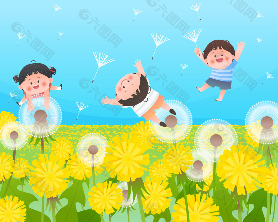 小朋友观察蒲公英油菜花花海教育插画