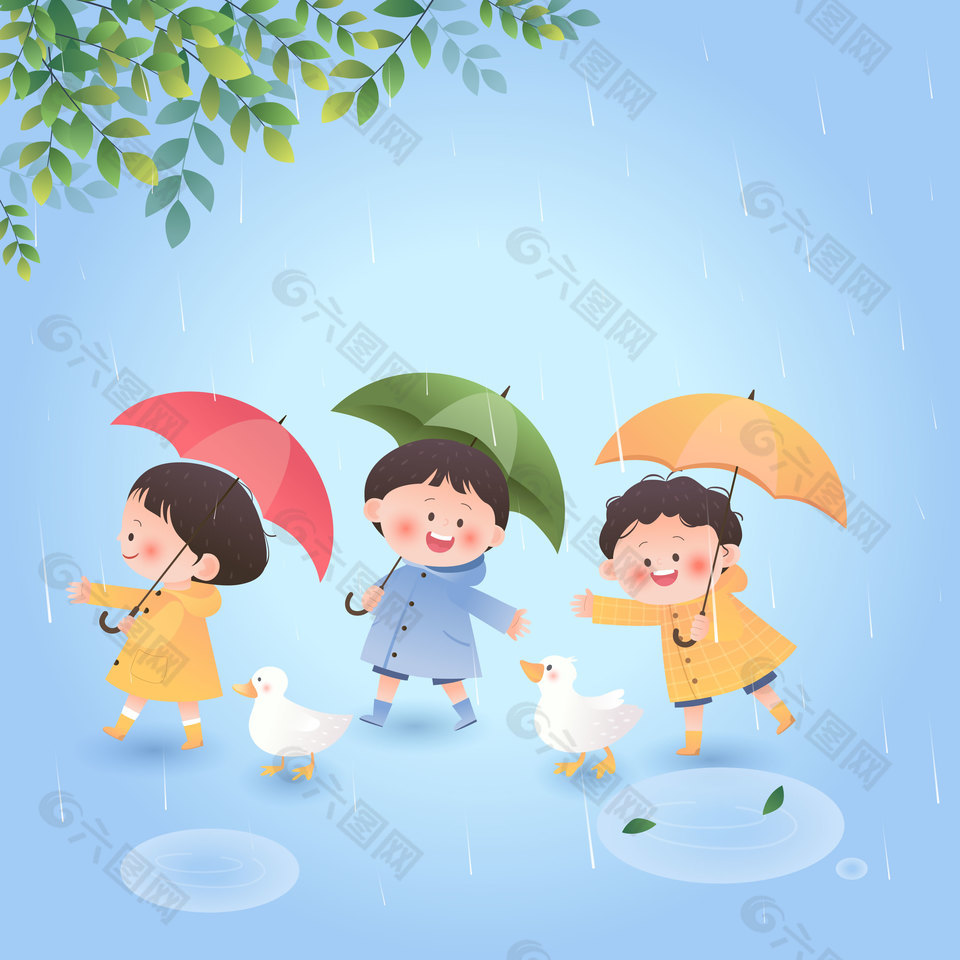 小朋友雨季玩耍观察大自然儿童插画