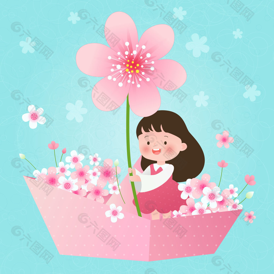 小朋友坐粉色花朵小纸船观察大自然儿童插画