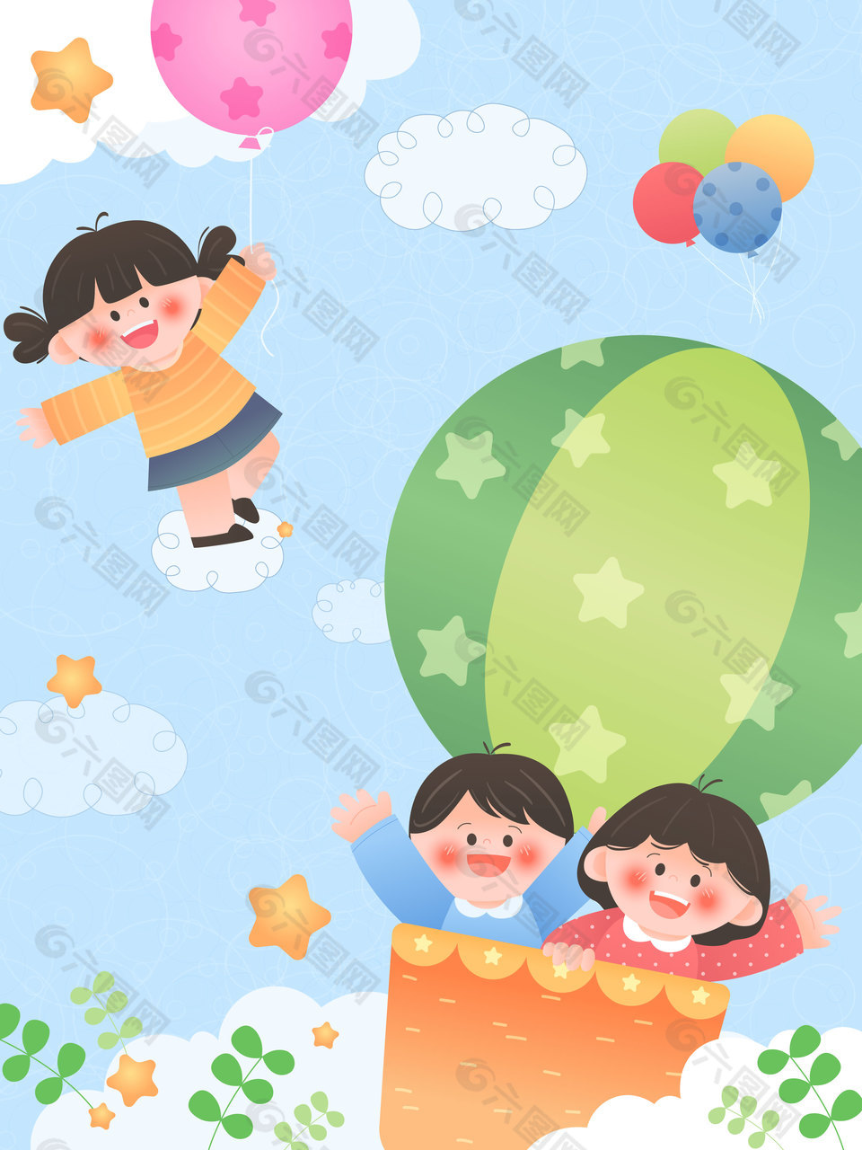 快乐童年小朋友彩色气球玩耍教育插画设计