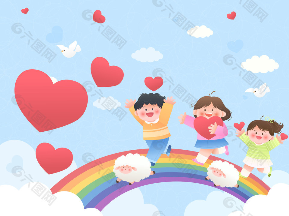 儿童节好朋友互动友谊彩虹桥插画设计