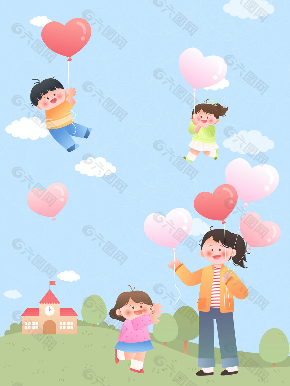 儿童节老师小朋友互动爱心气球教育插画设计