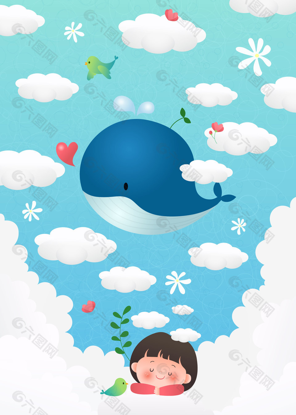 小朋友做梦鲸鱼遨游小鸟快乐童年插画设计