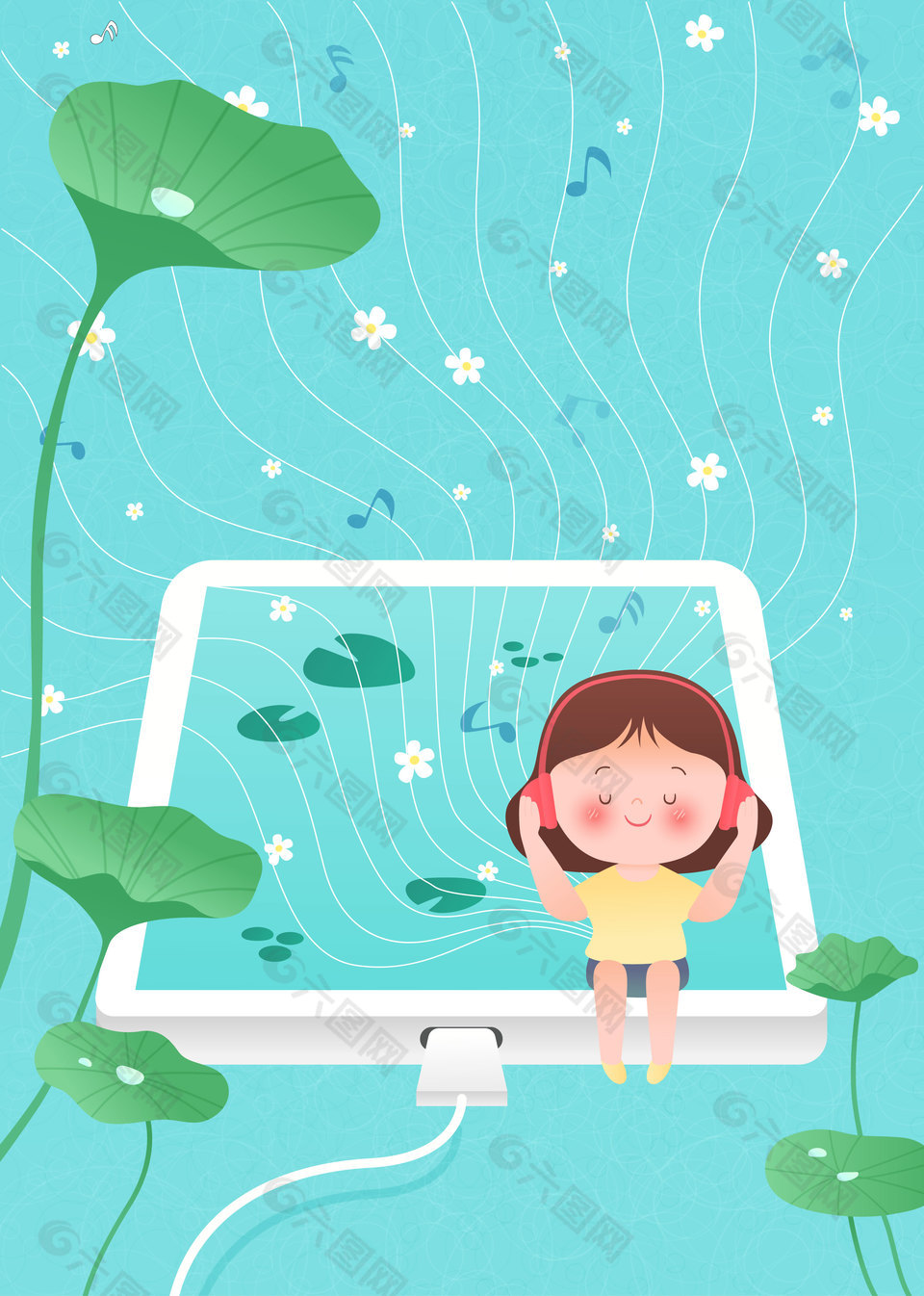 小女孩荷叶边听音乐梦幻教育插画设计