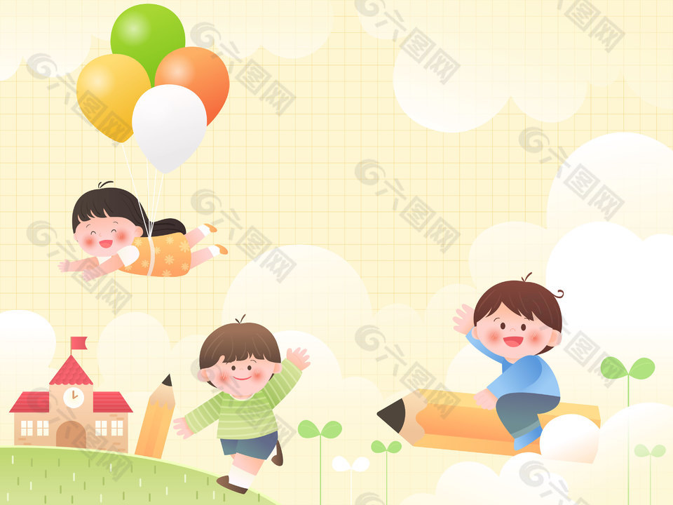 儿童节小朋友骑铅笔气球飞行教育插画设计