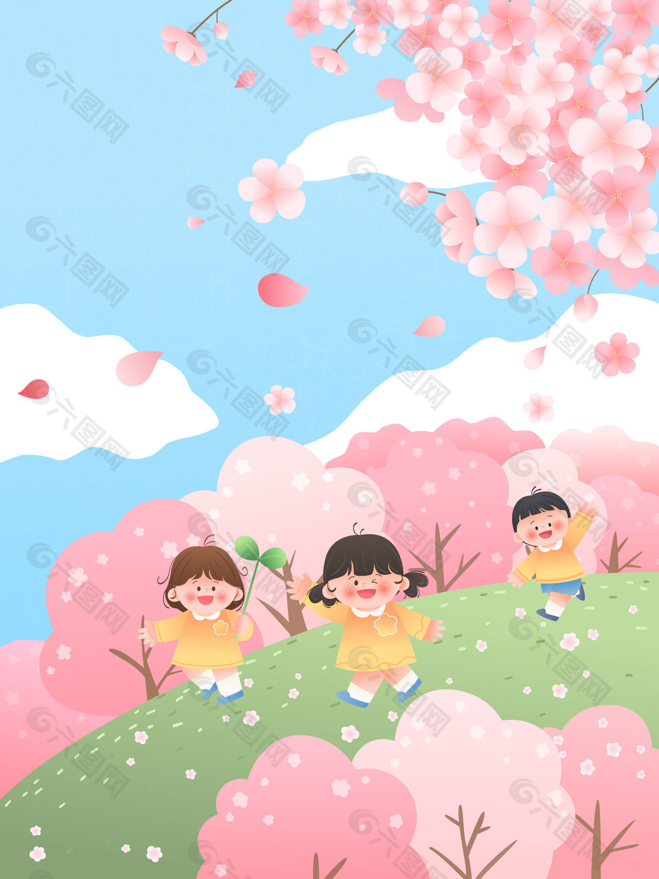 儿童节小朋友樱花树林玩耍卡通插画设计