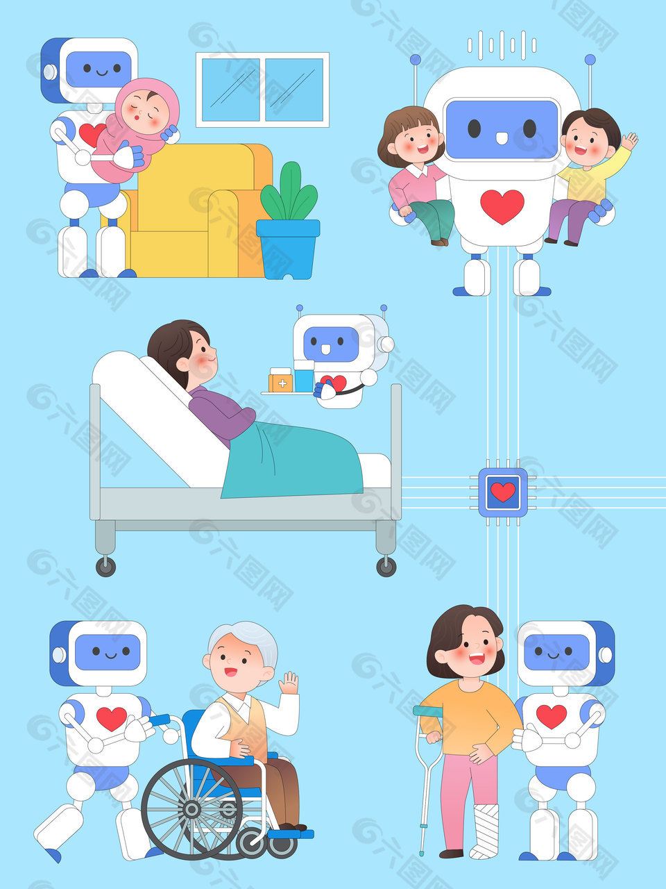 智能机器人医疗辅助健康护理插画设计
