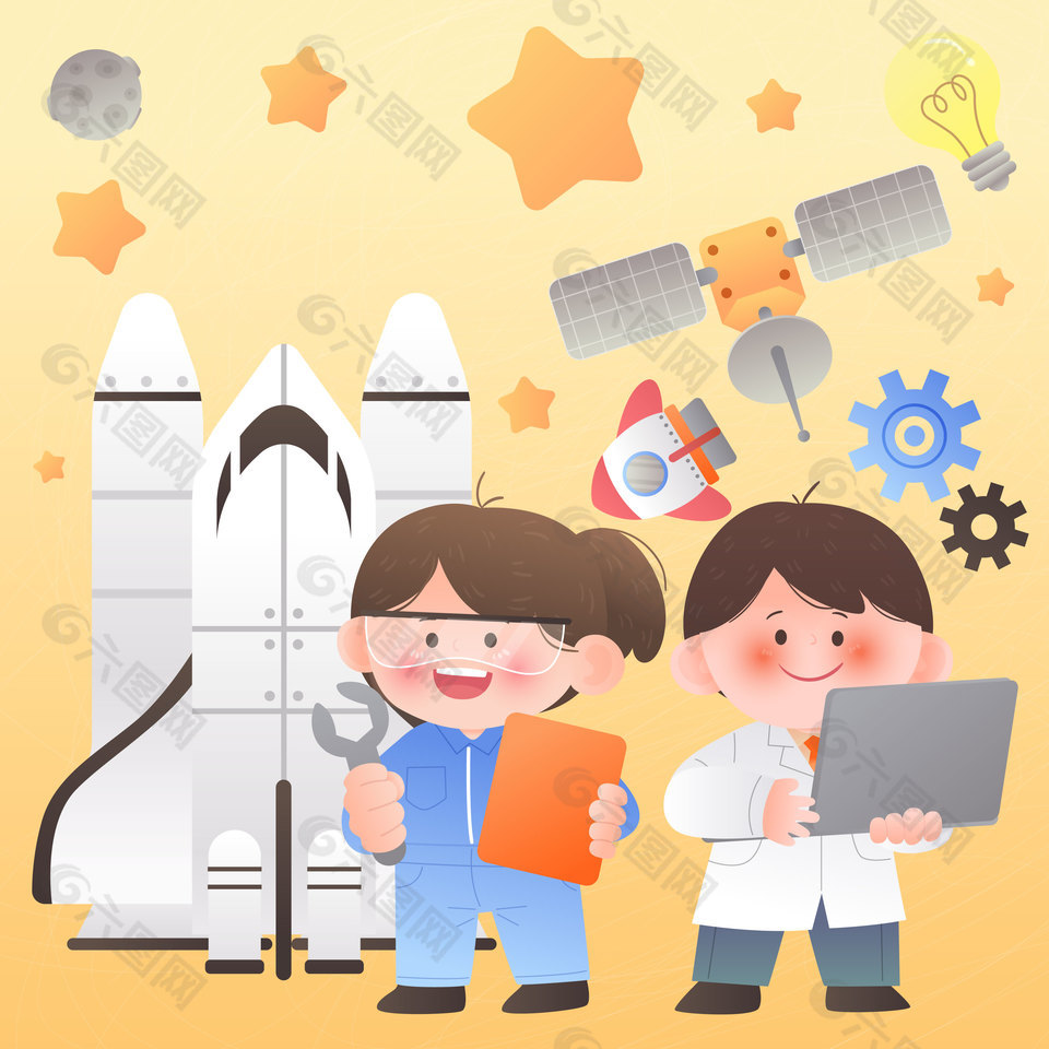 科学家造飞船火箭太空探索儿童梦想职业插画