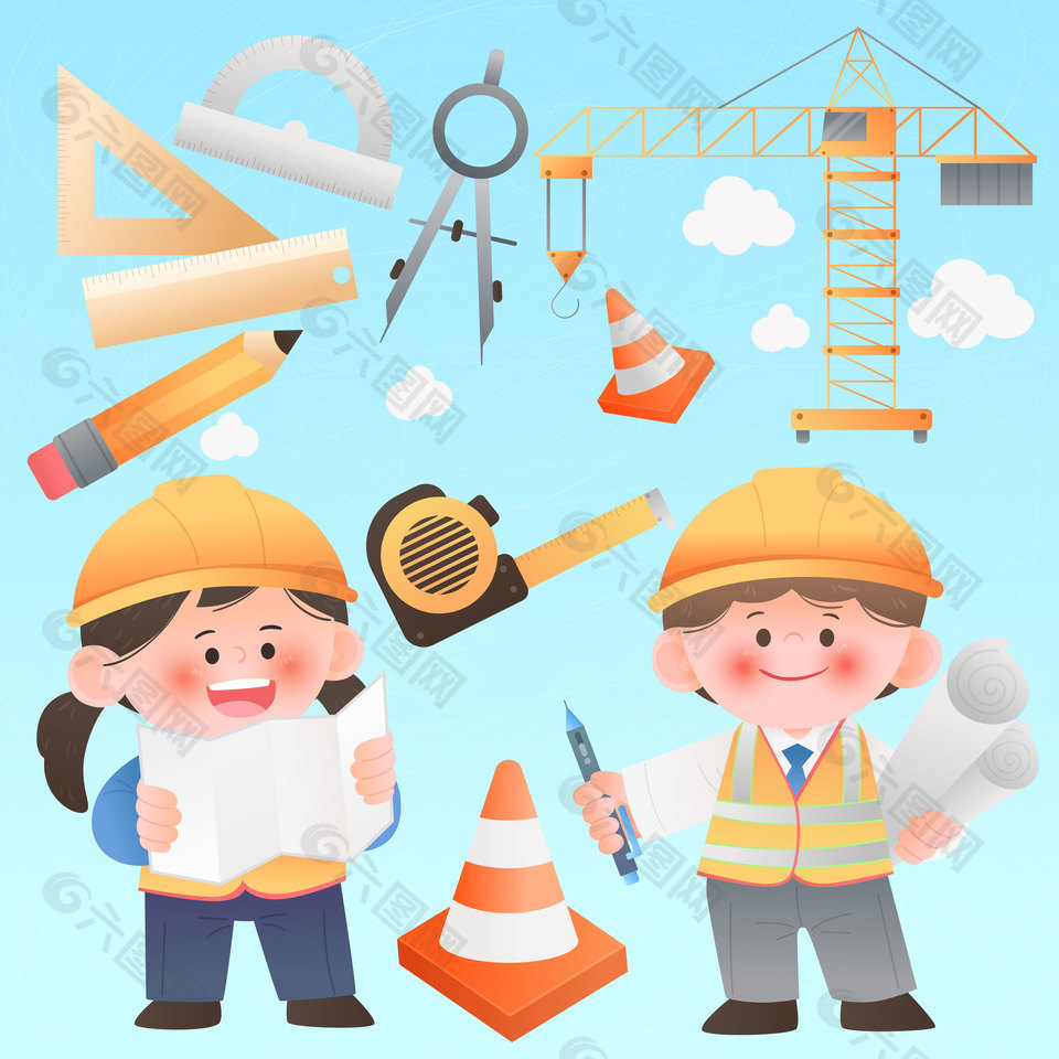工程设计师建筑施工儿童梦想职业插画