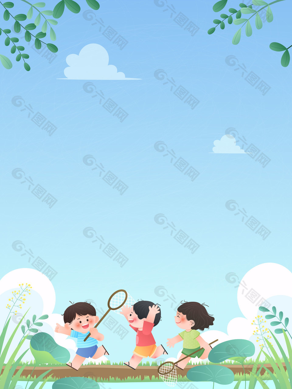夏天小朋友郊游河边玩耍捕虫儿童背景插画