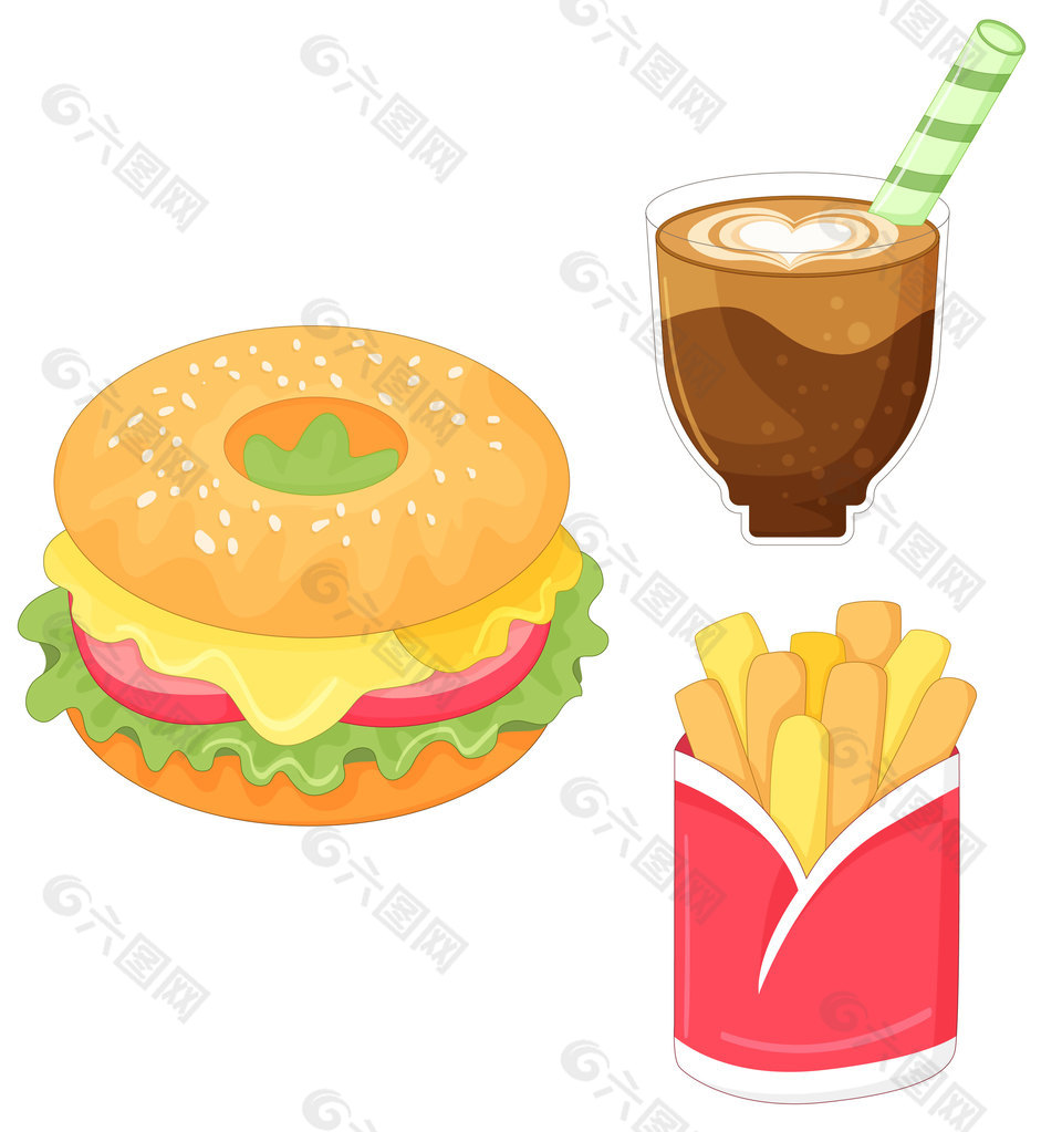 快餐汉堡薯条可乐三件套美食插画