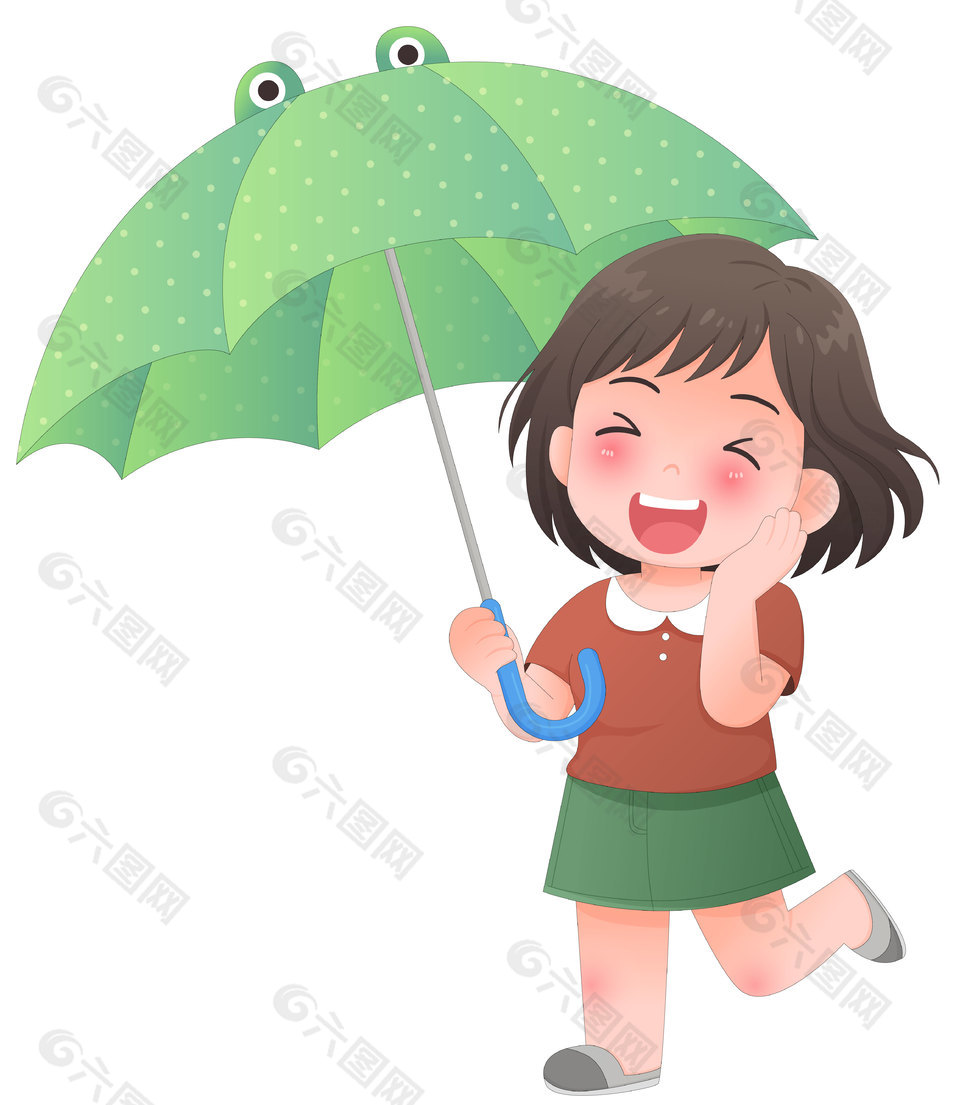 打着青蛙造型雨伞的小女孩卡通儿童插画设计