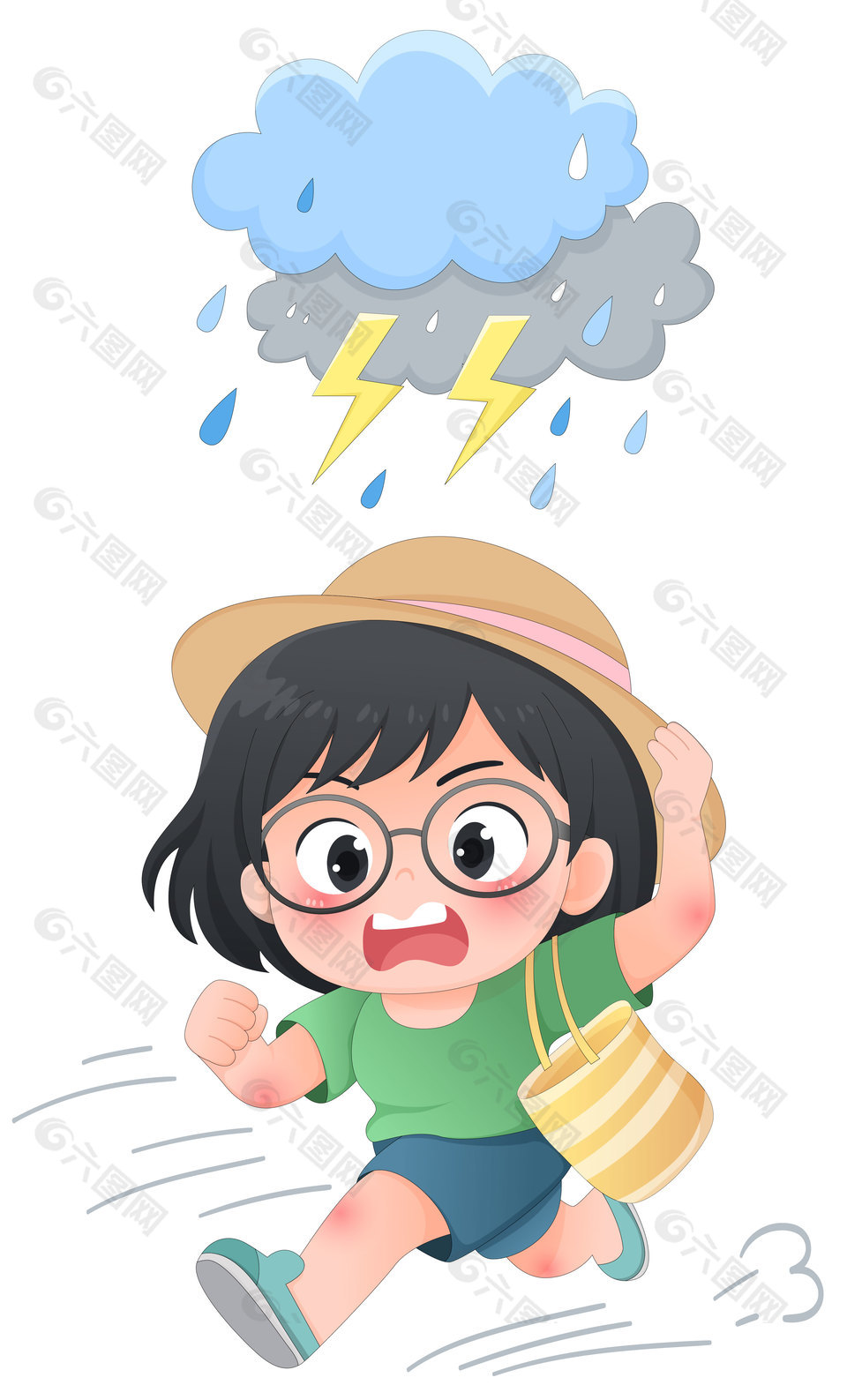 夏天乌云闪电雷阵雨天气女孩奔跑插画设计