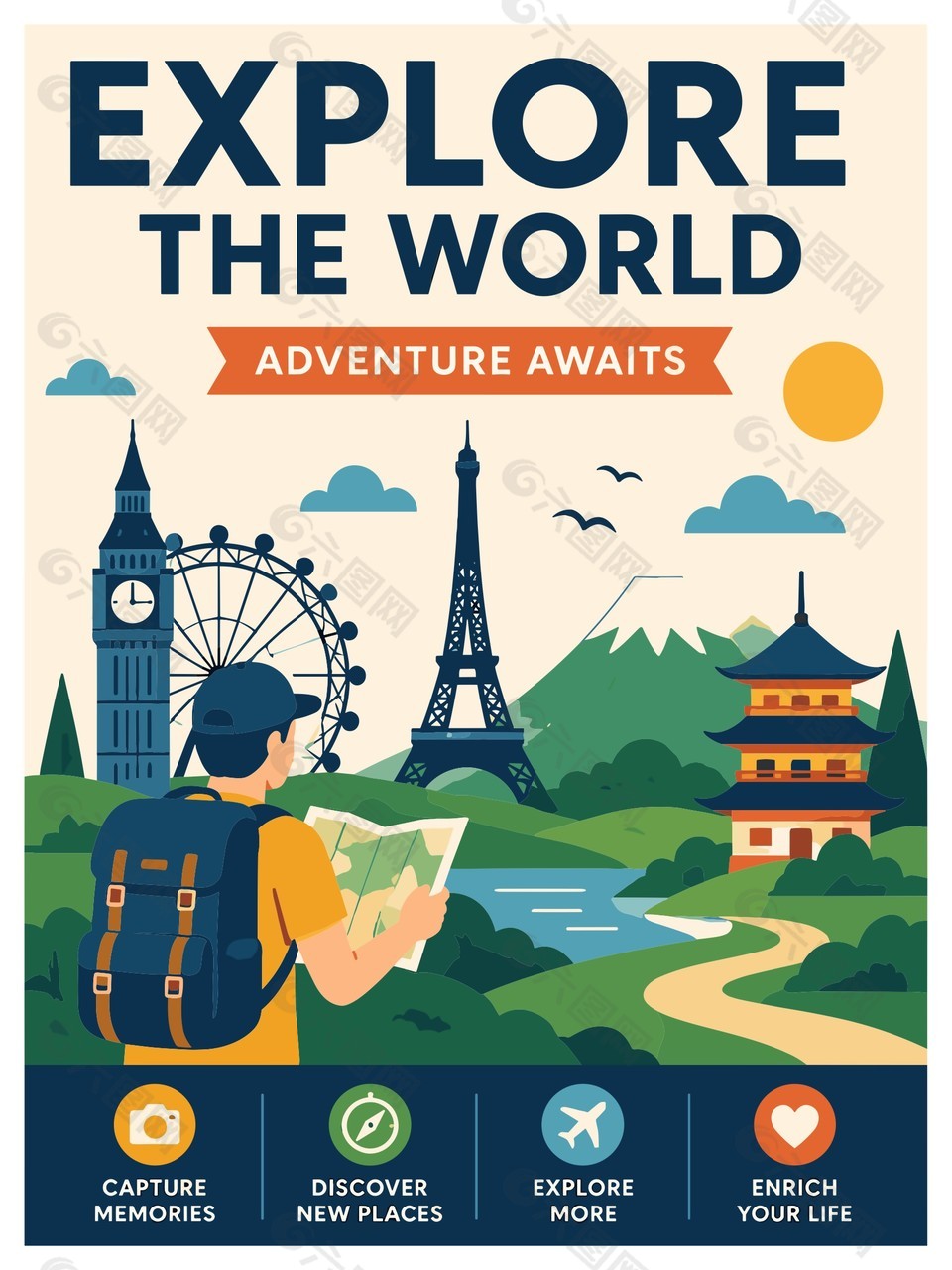 探索世界背包旅行手绘风海报设计