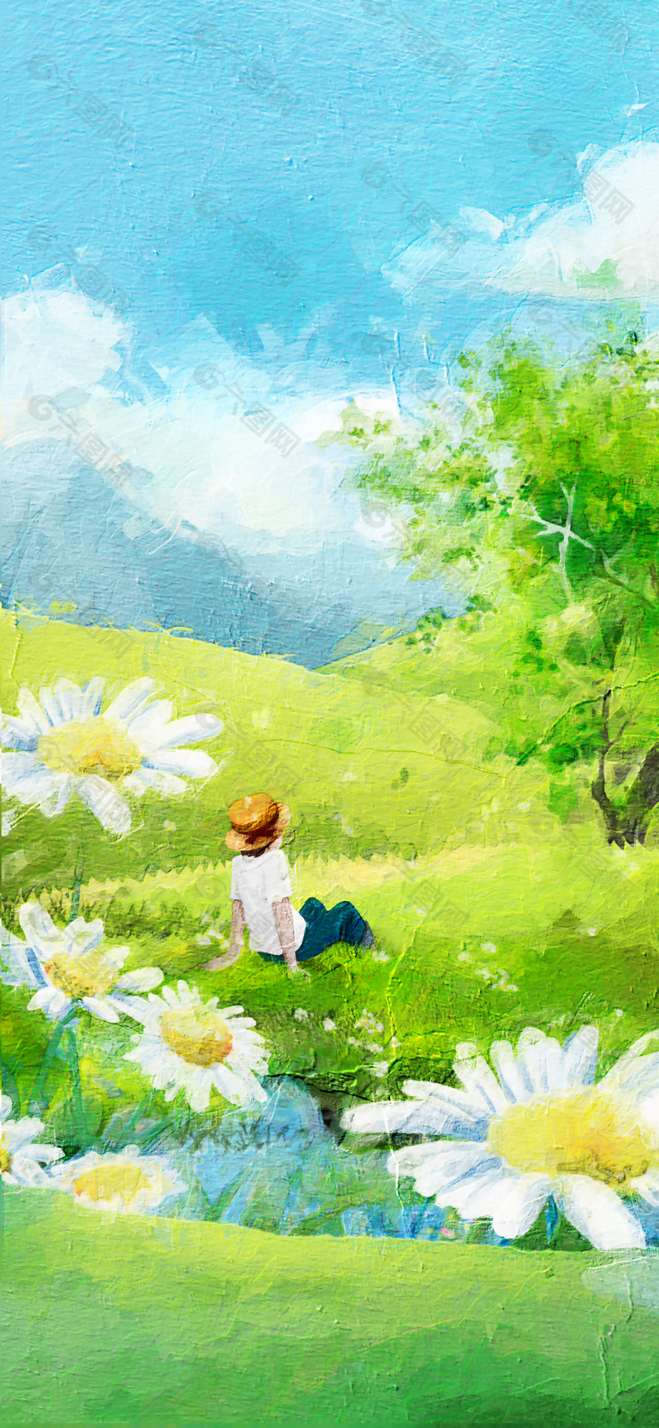 油画风夏日风光草地背景插画设计