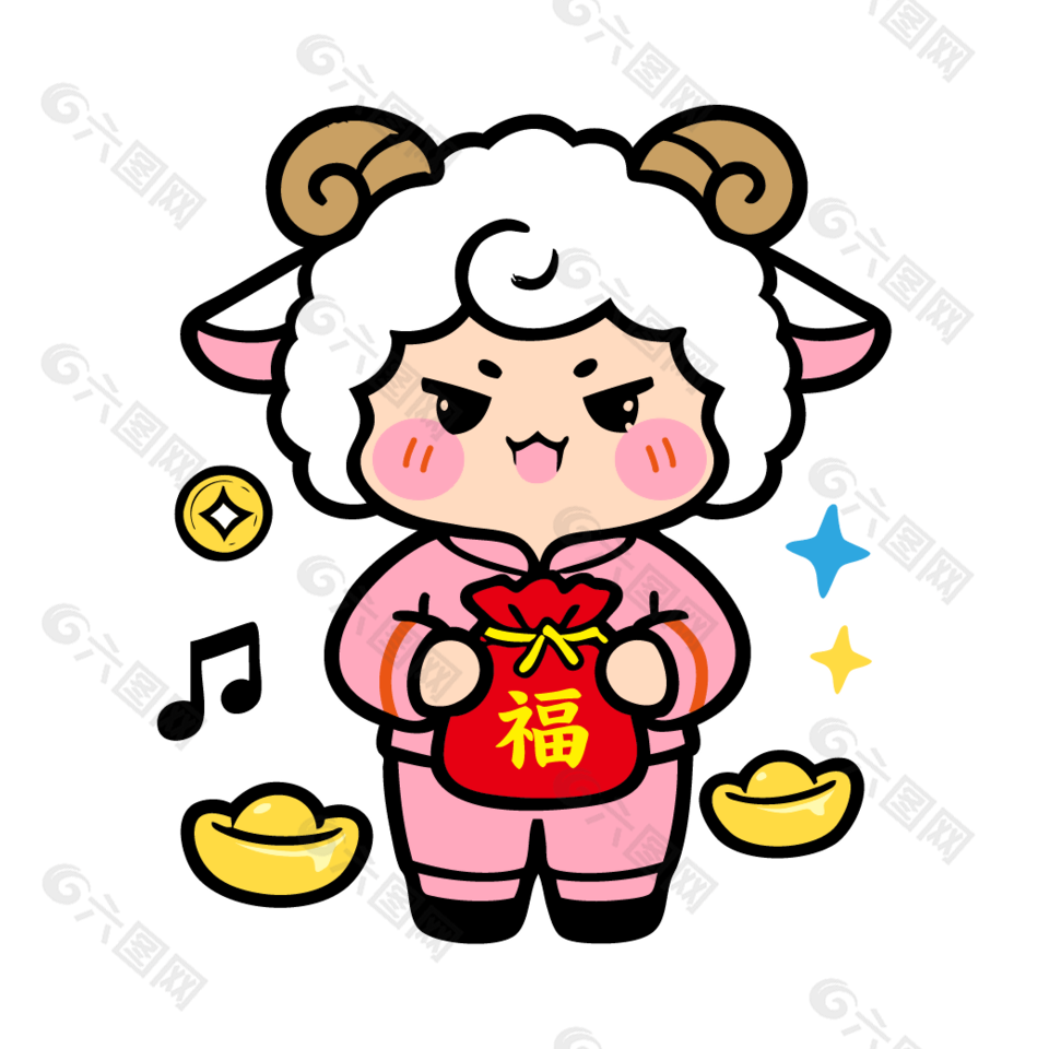 拿着福袋的生肖羊卡通形象插画设计