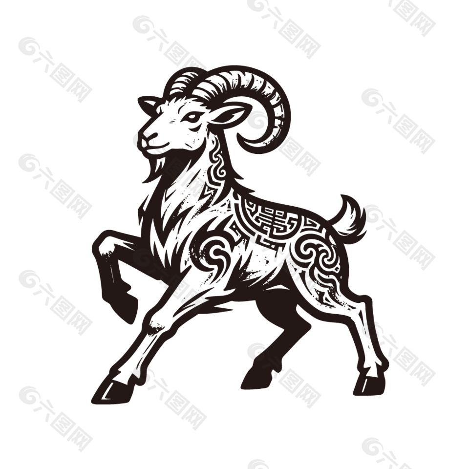 剪纸风生肖羊黑白插画设计
